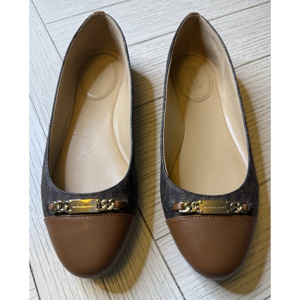 Michael Kors Mandy Logo Ballet Flats Shoes W Gold Chain Plate At Toe Women's 7‎